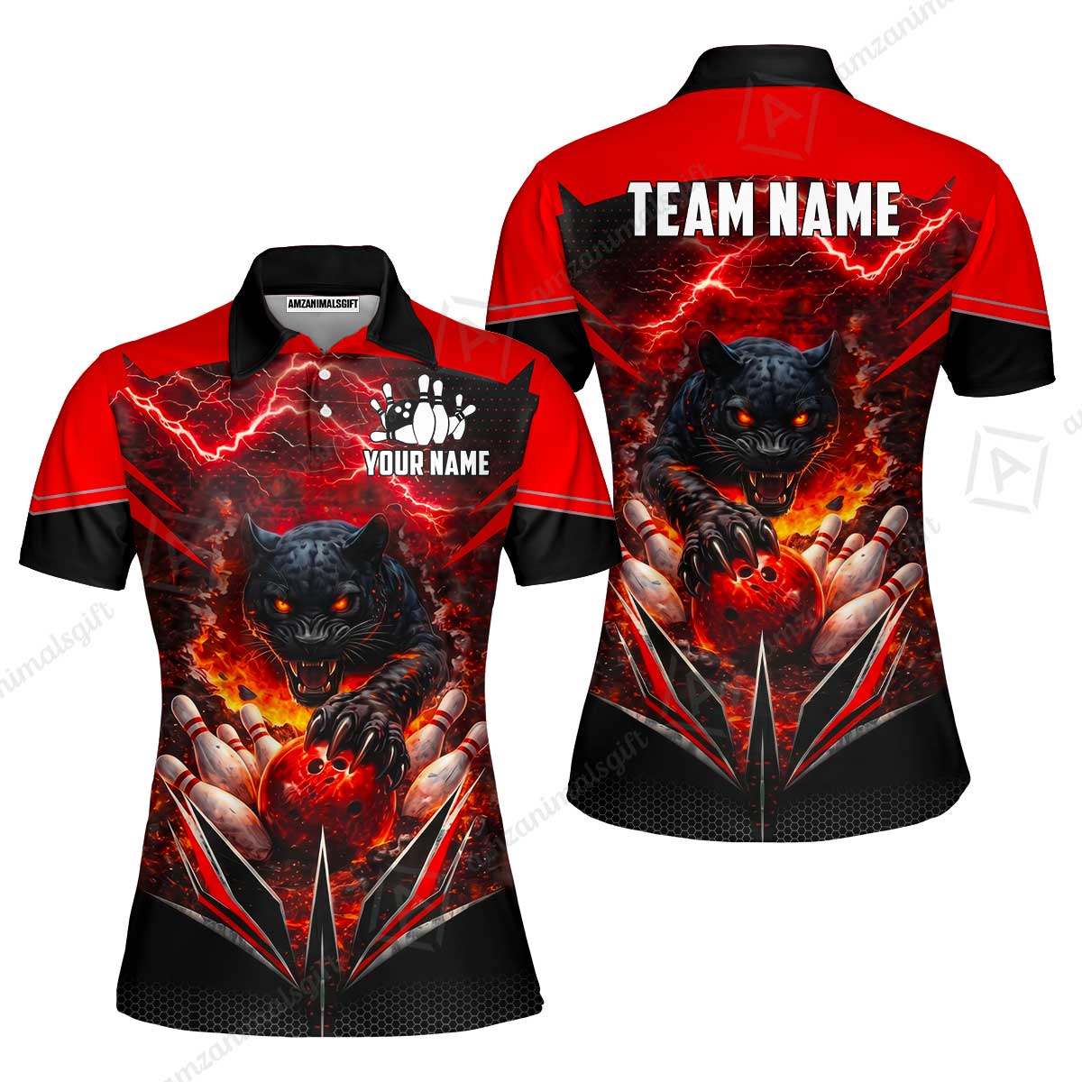 Custom Bowling Jersey Polo Shirt, Electric Panther Bowling, Personalized Name & Team Name