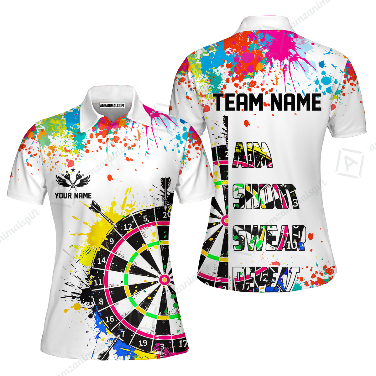 Custom Funny Dartboards Colorful Paint Quarter Zip Polo Team Shirts, Custom Aim Shoot Swear Repeat Darts Team Jerseys Uniform - White