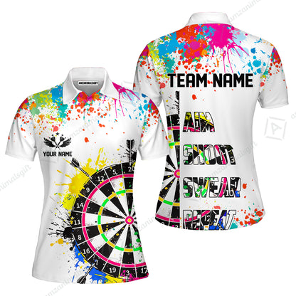 Custom Funny Dartboards Colorful Paint Quarter Zip Polo Team Shirts, Custom Aim Shoot Swear Repeat Darts Team Jerseys Uniform - White