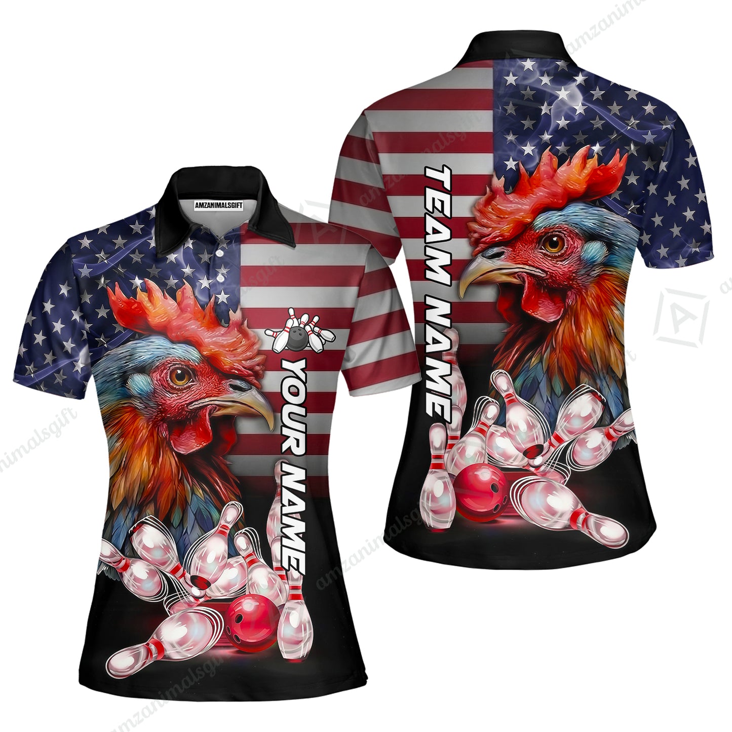 Custom Bowling Jersey Polo Shirt, Colorful Rooster Bowling Custom Bowling Jersey Team Shirt For Players With Name & Team Name
