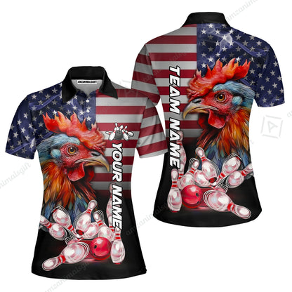 Custom Bowling Jersey Polo Shirt, Colorful Rooster Bowling Custom Bowling Jersey Team Shirt For Players With Name & Team Name
