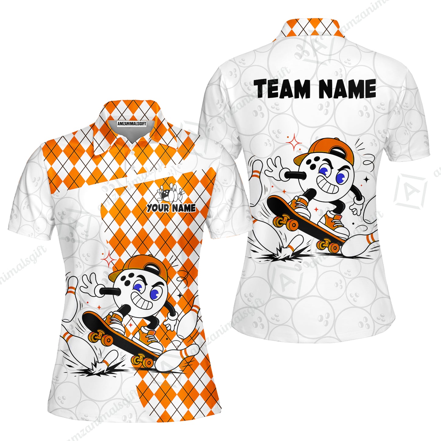 Custom Bowling Jersey Polo Shirt, Skateboarder Bowling Ball Mascot, Custom Bowling Jersey Team Shirt For Players With Name and Team Name