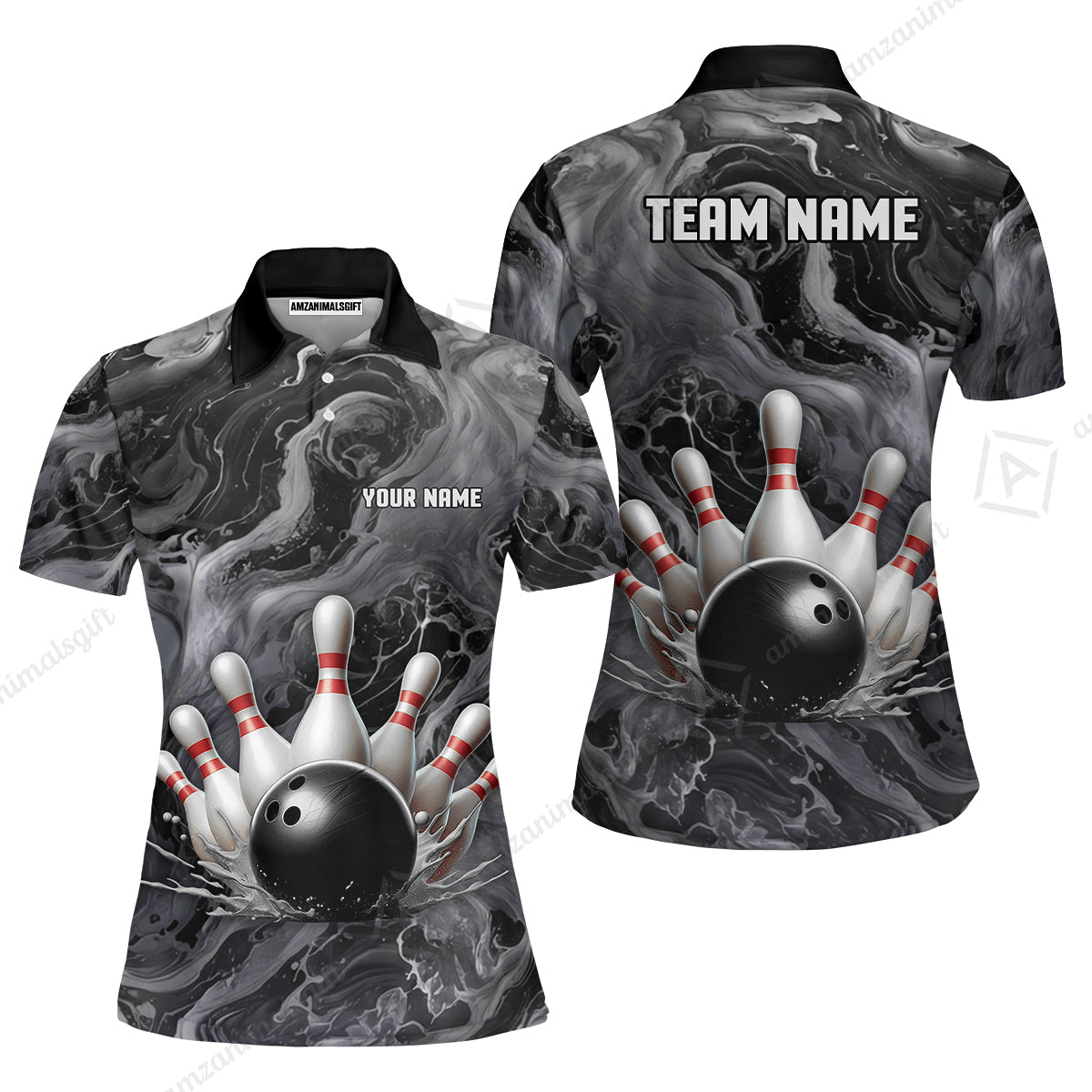 Custom Bowling Team Unisex Polo Shirt, Black Pearl Urethane Bowling Ball Marble Smoke Design for Bowlers