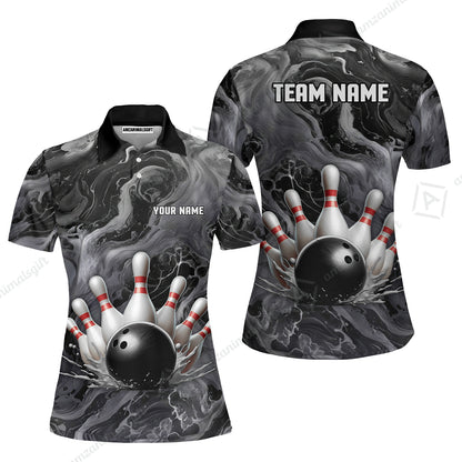 Custom Bowling Team Unisex Polo Shirt, Black Pearl Urethane Bowling Ball Marble Smoke Design for Bowlers