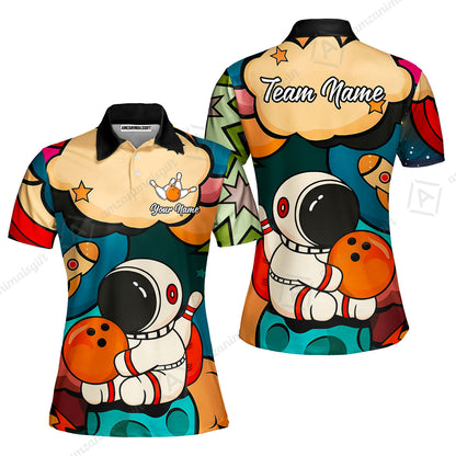 Custom Bowling Jersey Polo Shirt, Astronaut Bowling Galaxy Flight, Personalized Name And Team Name