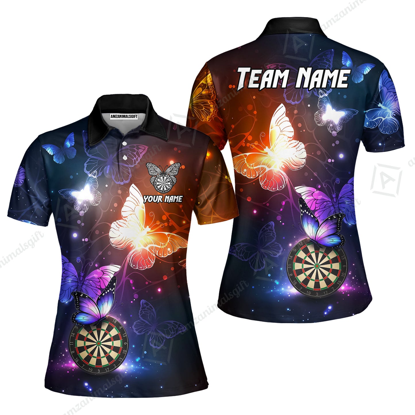 Custom Darts Jersey Polo Shirt, Butterfly Sparkle Darts, Custom Dart Jersey Team Shirt For Players With Name & Team Name