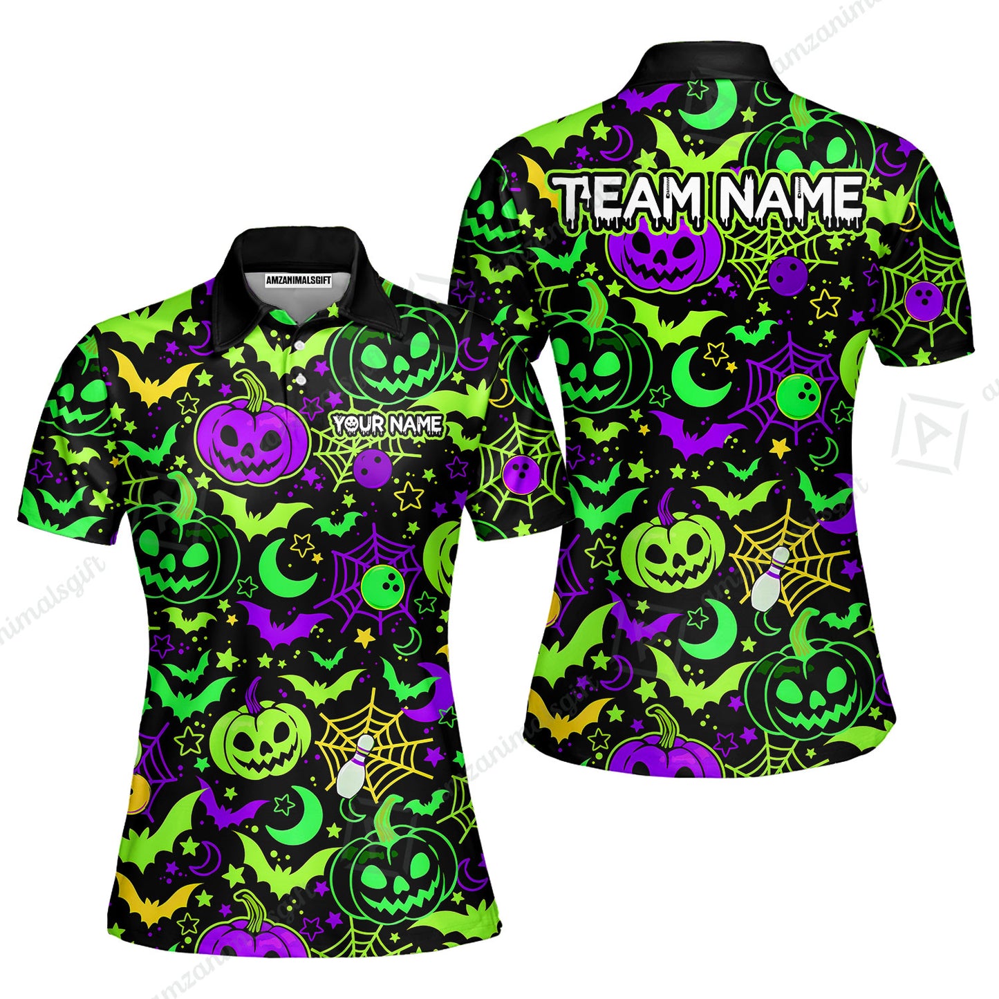 Customized Bowling Shirt, Neon Halloween Pattern Bowling And Pin Pumpkins Spider Bat, Personalized Polo Shirt For Players With Name & Team Name