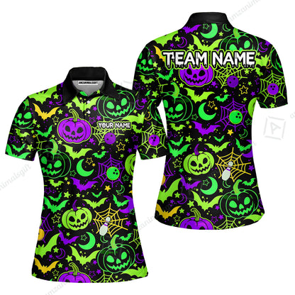 Customized Bowling Shirt, Neon Halloween Pattern Bowling And Pin Pumpkins Spider Bat, Personalized Polo Shirt For Players With Name & Team Name