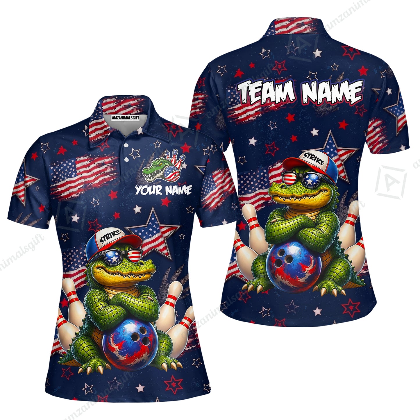 Custom Bowling Jersey Polo Shirt, Cool Patriotic Alligator Mascot, Custom Bowling Jersey Team Shirt For Players With Name and Team Name