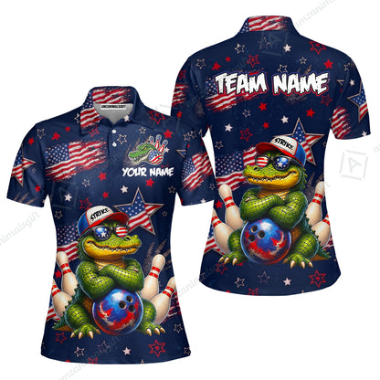 Custom Bowling Jersey Polo Shirt, Cool Patriotic Alligator Mascot, Custom Bowling Jersey Team Shirt For Players With Name and Team Name