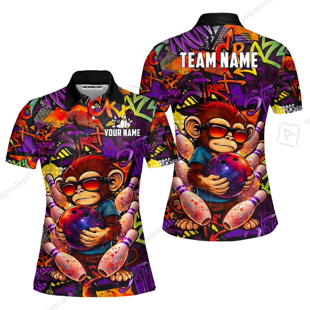 Custom Bowling Jersey Polo Shirt, Street Graffiti Funny Monkey Mascot, Custom Bowling Jersey Team Shirt For Players With Name & Team Name