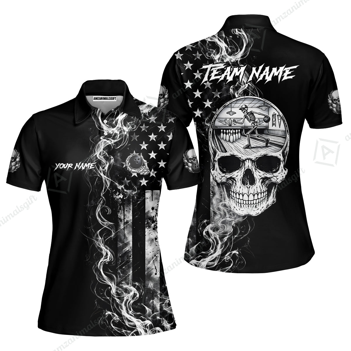 Custom Bowling Jersey Polo Shirt, Gothic Skeleton Skull Strike, Custom Bowling Jersey Team Shirt For Players With Name and Team Name