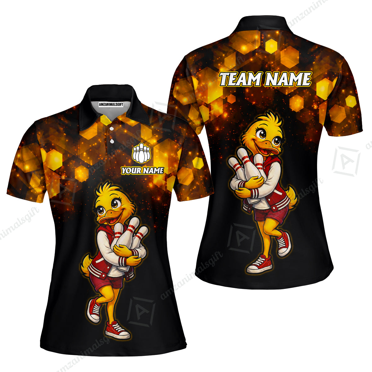 Custom Bowling Jersey Polo Shirt, Golden Glow Varsity Duckling Mascot, Custom Bowling Jersey Team Shirt For Players With Name and Team Name