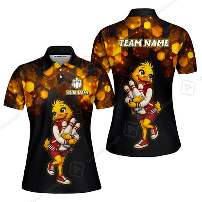 Custom Bowling Jersey Polo Shirt, Golden Glow Varsity Duckling Mascot, Custom Bowling Jersey Team Shirt For Players With Name and Team Name