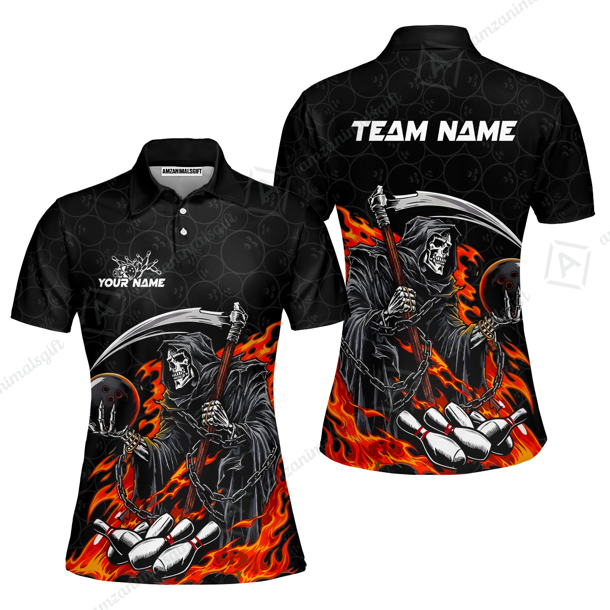 Custom Bowling Jersey Polo Shirt, Grim Reaper Holding Ball, Personalize Name and Team Name