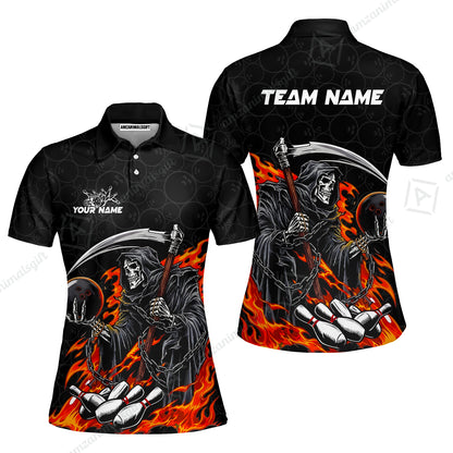 Custom Bowling Jersey Polo Shirt, Grim Reaper Holding Ball, Personalize Name and Team Name