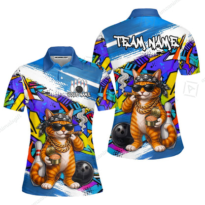 Custom Bowling Jersey Polo Shirt, Cat Graffiti Bowling, Personalize Name and Team Name
