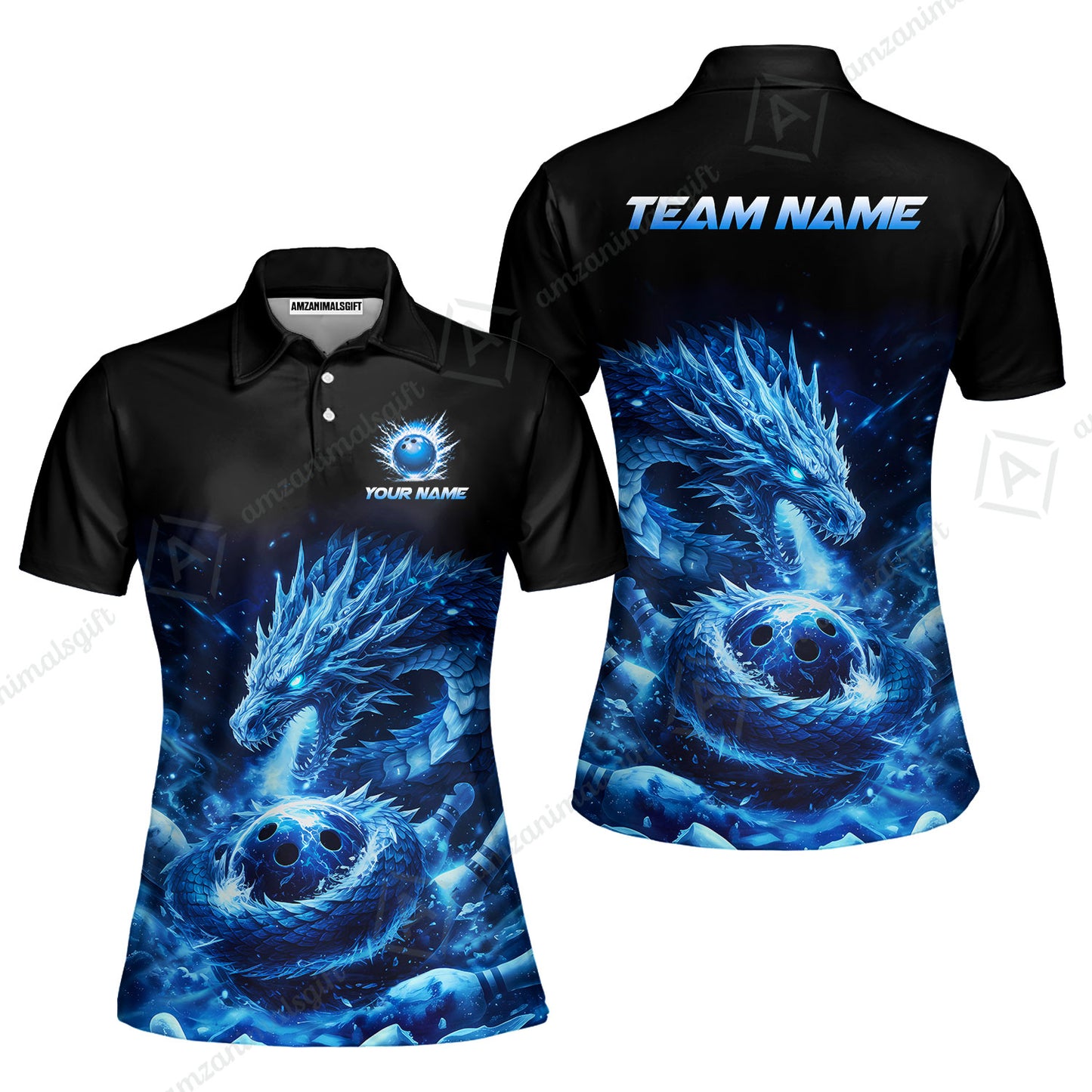 Custom Bowling Jersey Polo Shirt, Mythical Ice Dragon Strike, Custom Bowling Jersey Team Shirt For Players With Name and Team Name