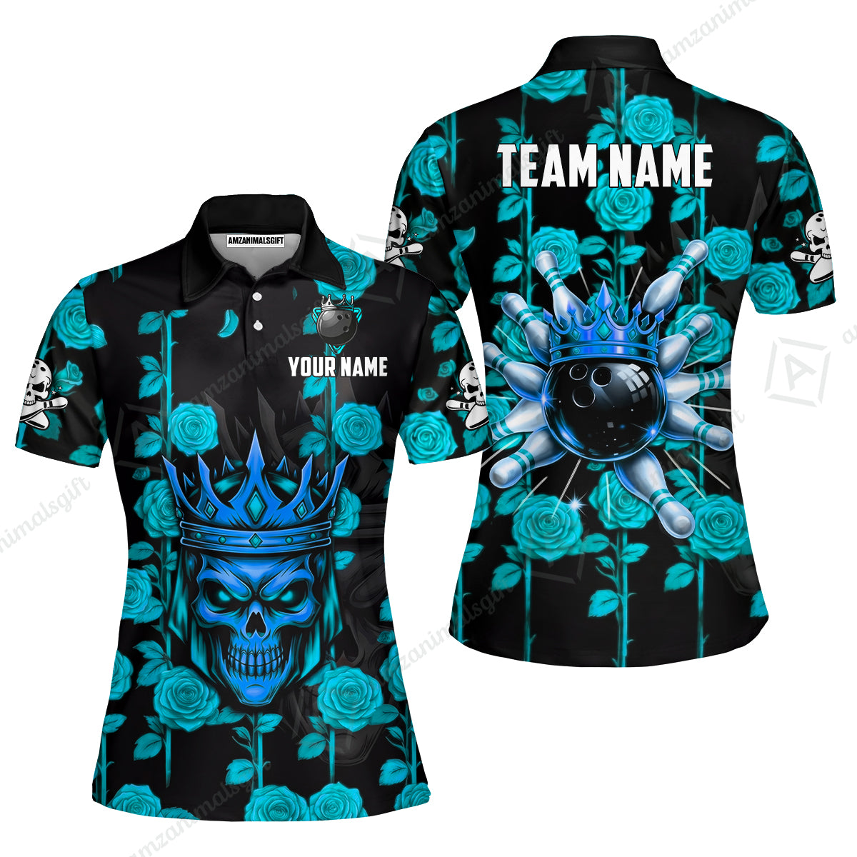 Custom Bowling Jersey Polo Shirt, Royal Skull Bowling, Custom Bowling Jersey Team Shirt For Players With Name & Team Name
