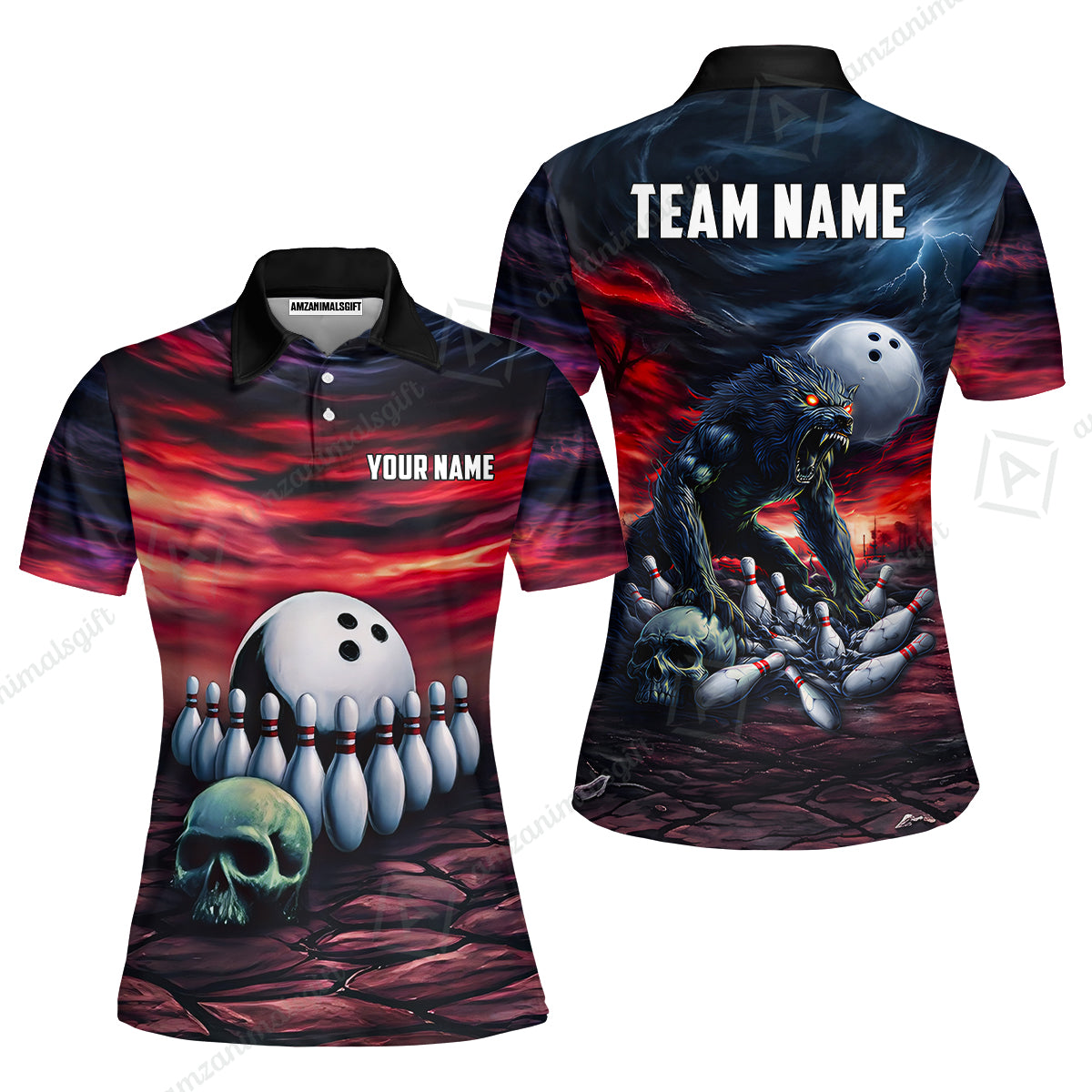 Custom Full Moon Werewolf Bowling Jersey Polo Shirt, Custom Full Moon Werewolf Bowling Jersey Team Shirt For Players With Name & Team Name
