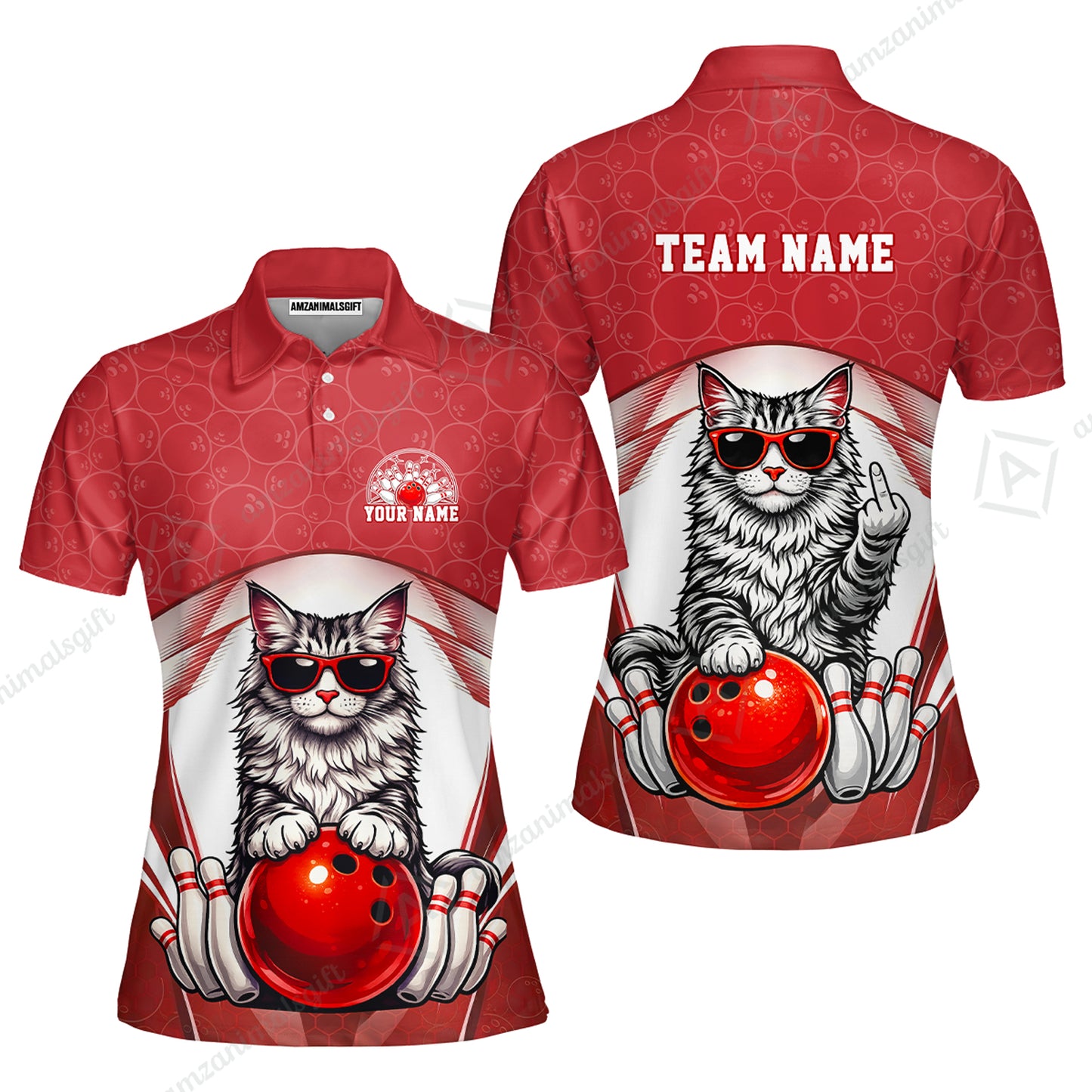 Custom Bowling Polo Shirt, Funny Cat with Sunglasses Bowling Custom Bowling Polo Team Shirt For Players With Name & Team Name
