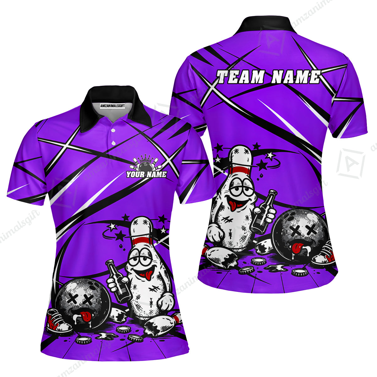 Custom Bowling Jersey Polo Shirt, Drunk Bowling Pin And Ball, Custom Bowling Jersey Team Shirt For Players With Name & Team Name