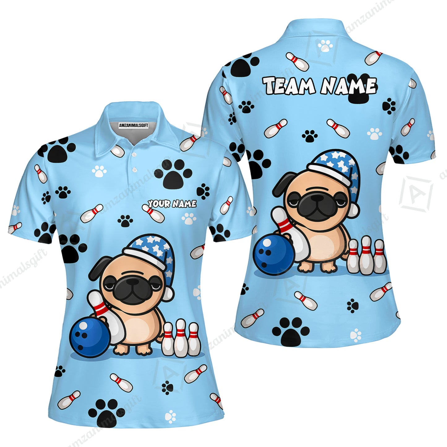 Custom Bowling Polo Shirt, Pug Lover Bowling Custom Bowling Polo Team Shirt With Name & Team Name