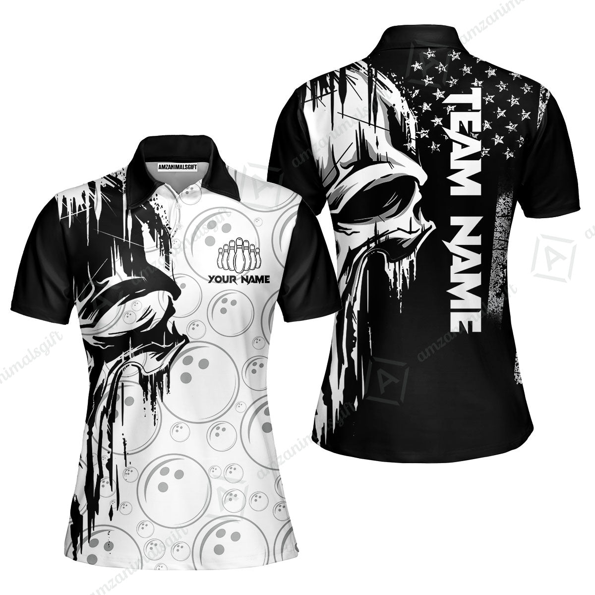 Customized Bowling Unisex Polo Shirt, American Flag Dripping Skull, Bowling Uniform - Personalized Name And Team Name