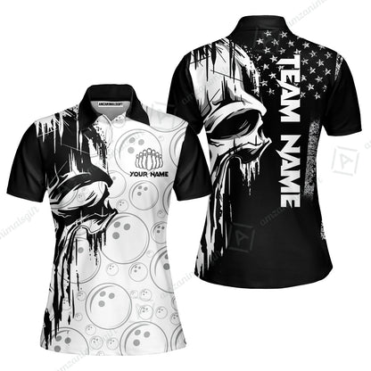 Customized Bowling Unisex Polo Shirt, American Flag Dripping Skull, Bowling Uniform - Personalized Name And Team Name