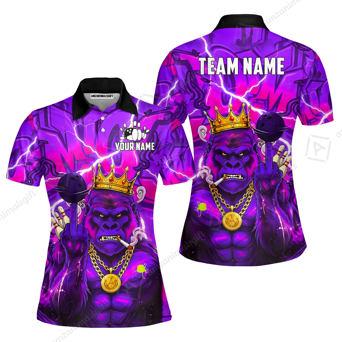 Custom Bowling Jersey Polo Shirt, Rebellious Gorilla King & Street Graffiti, Custom Bowling Jersey Team Shirt For Players With Name & Team Name