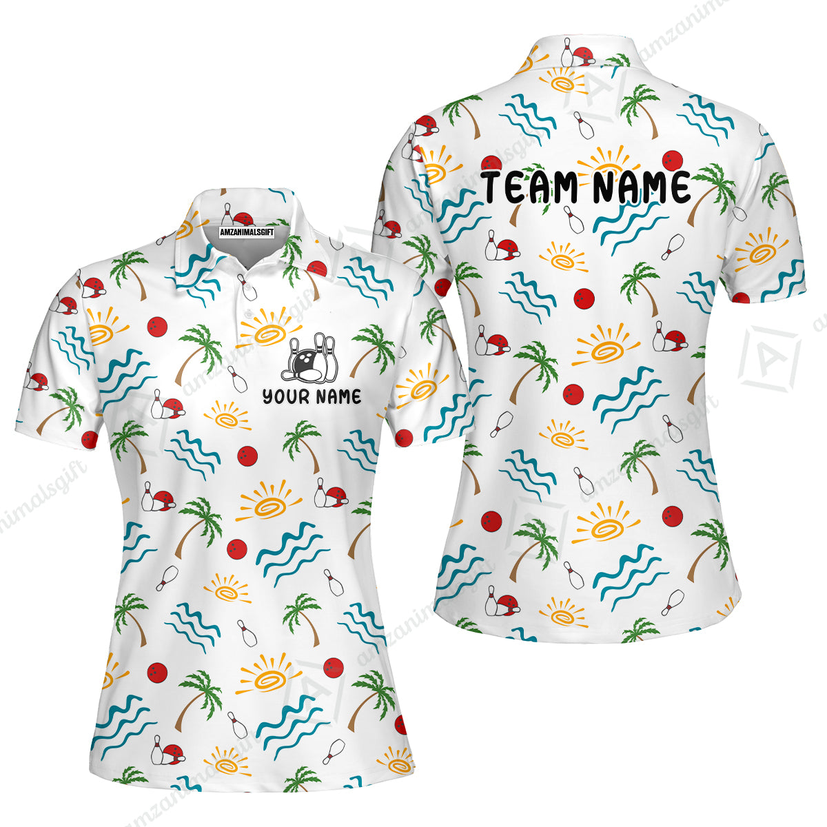 Custom Bowling Jersey Polo Shirt, Tropical Hand-Drawn Summer Doodle, Custom Bowling Jersey Team Shirt For Players With Name and Team Name