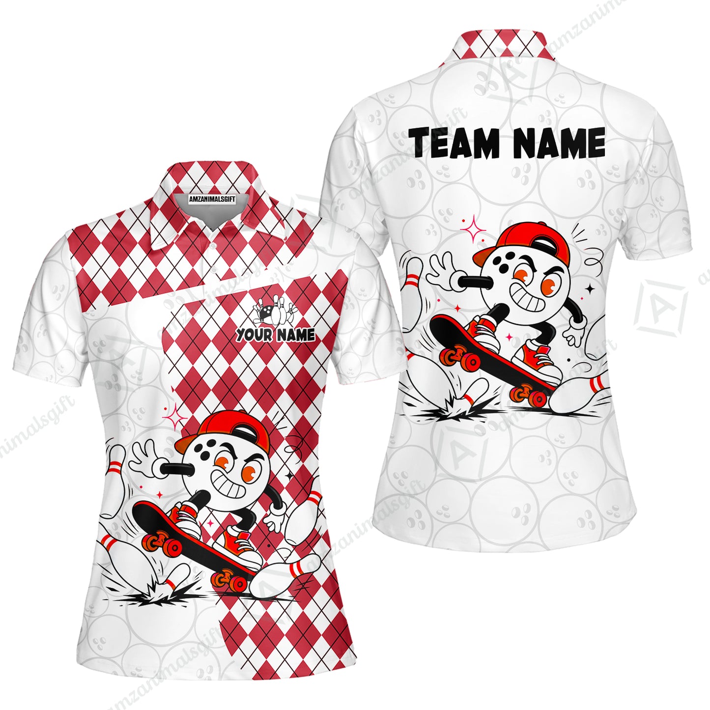 Custom Bowling Jersey Polo Shirt, Skateboarder Bowling Ball Mascot, Custom Bowling Jersey Team Shirt For Players With Name and Team Name