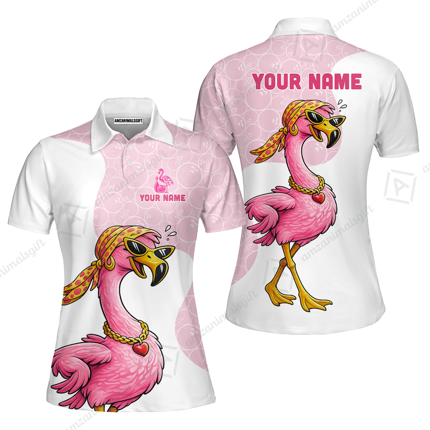 Custom Bowling Women Polo Shirt, Swag Flamingo Bowling Custom Bowling Polo Team Shirt For Players With Name & Team Name