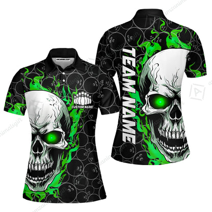Personalized Bowling Unisex Polo Shirt, Green Flaming Skull Shirt For For Team Men Women Bowlers