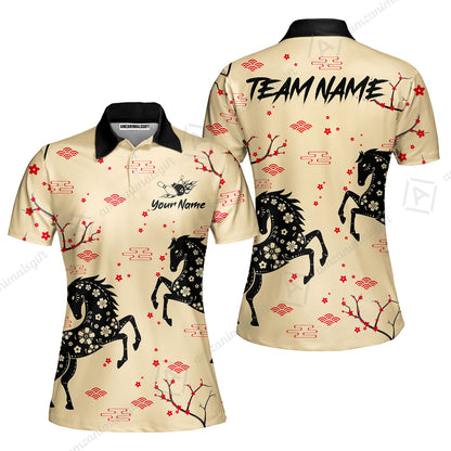 Customized Bowling Unisex Polo Shirt, Floral Pattern Horse Cherry Blossom, Bowling Uniform - Personalized Name Team Name
