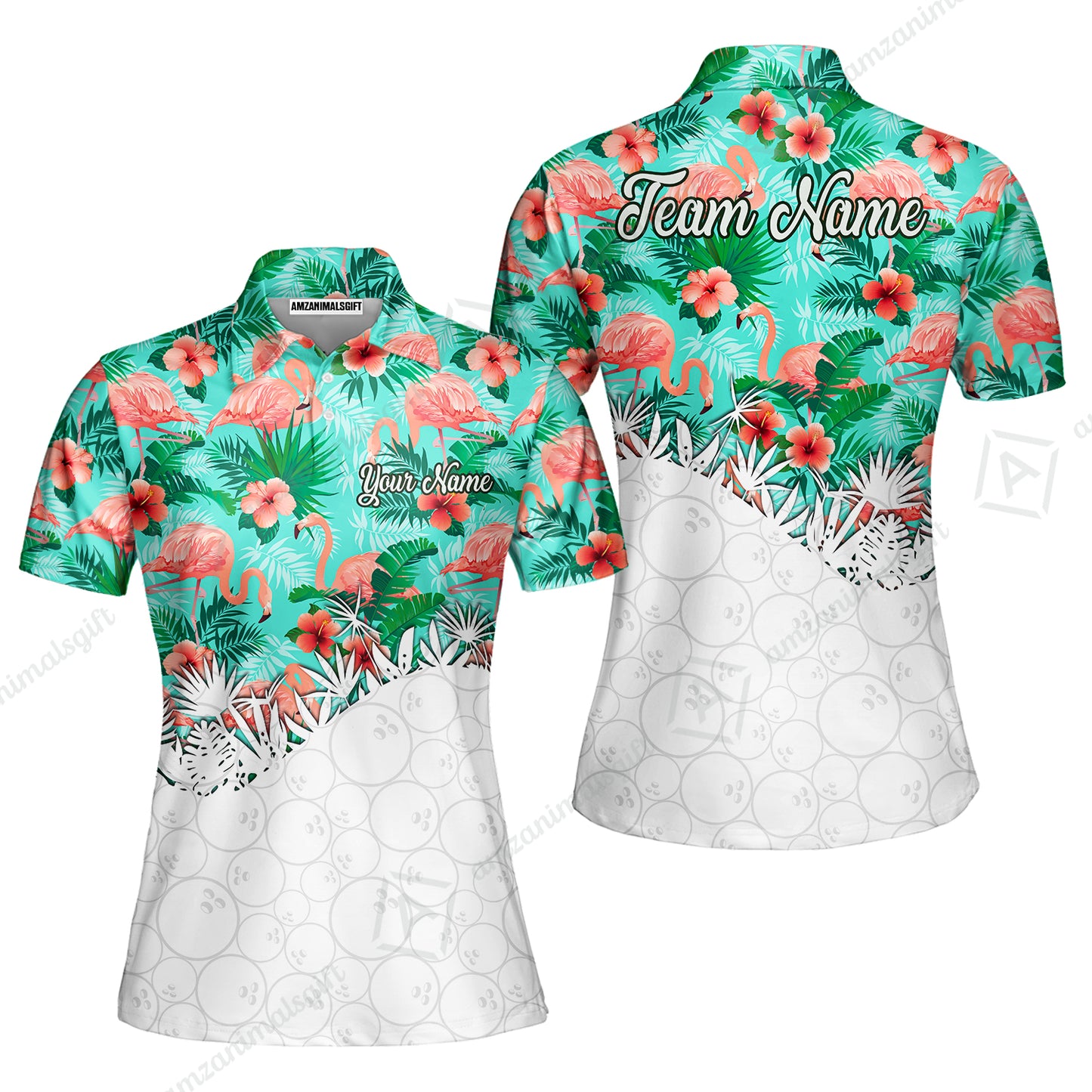 Custom Bowling Jersey Polo Shirt, Tropical Pink Flamingo Hawaiian, Custom Bowling Jersey Team Shirt For Players With Name & Team Name