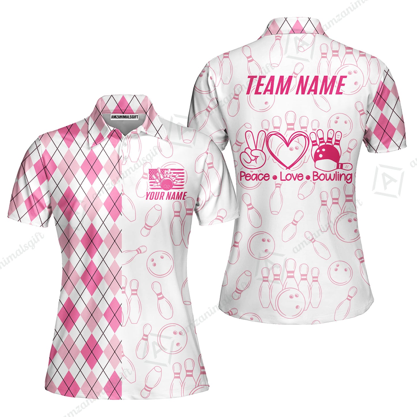 Custom Women Polo Shirt, Argyle Bowling Peace Love, Custom Bowling Women Polo Team Shirt For Players With Name & Team Name