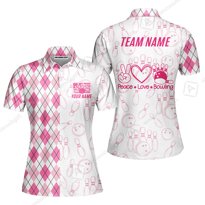 Custom Women Polo Shirt, Argyle Bowling Peace Love, Custom Bowling Women Polo Team Shirt For Players With Name & Team Name