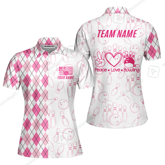 Custom Women Polo Shirt, Argyle Bowling Peace Love, Custom Bowling Women Polo Team Shirt For Players With Name & Team Name