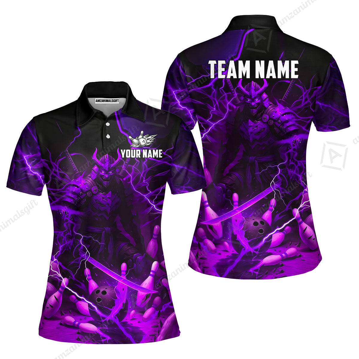 Custom Bowling Jersey Polo Shirt, Fiery Samurai Strike, Custom Bowling Jersey Team Shirt For Players With Name & Team Name
