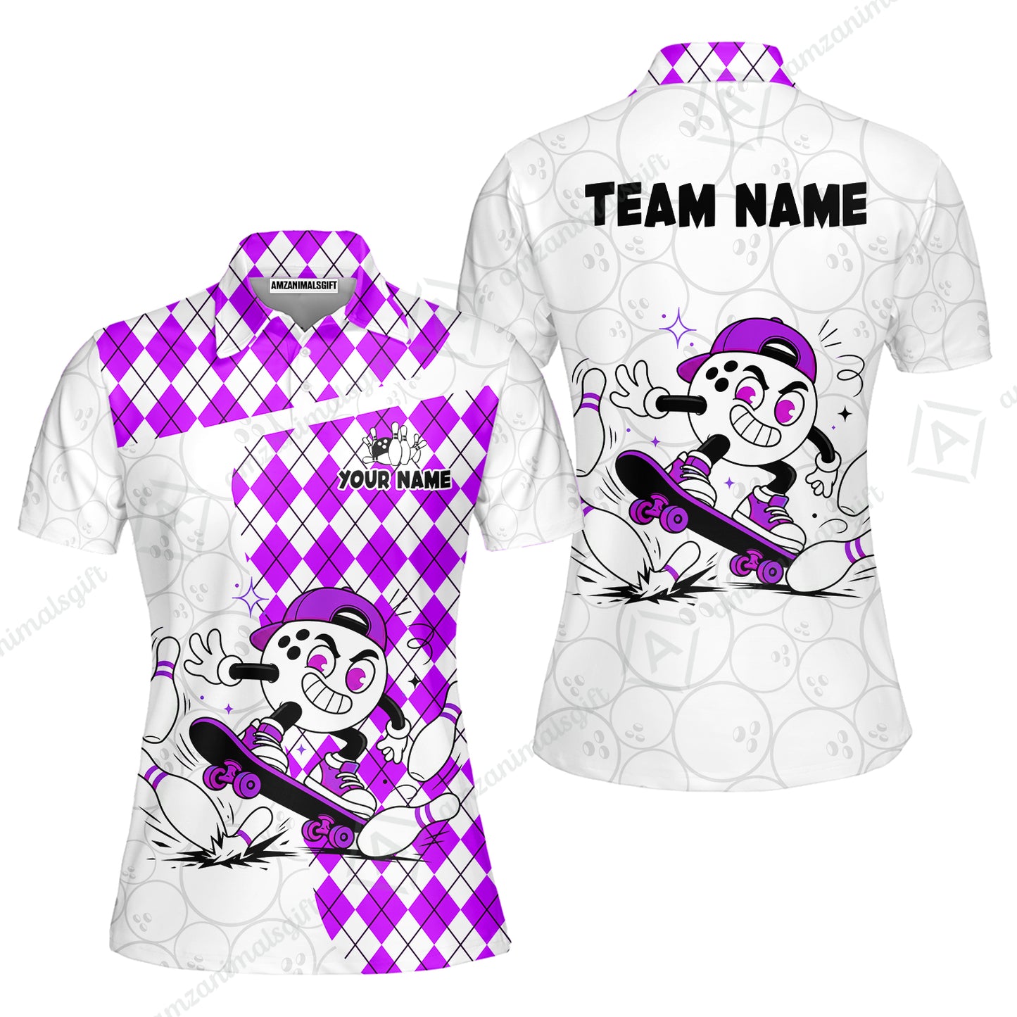 Custom Bowling Jersey Polo Shirt, Skateboarder Bowling Ball Mascot, Custom Bowling Jersey Team Shirt For Players With Name and Team Name
