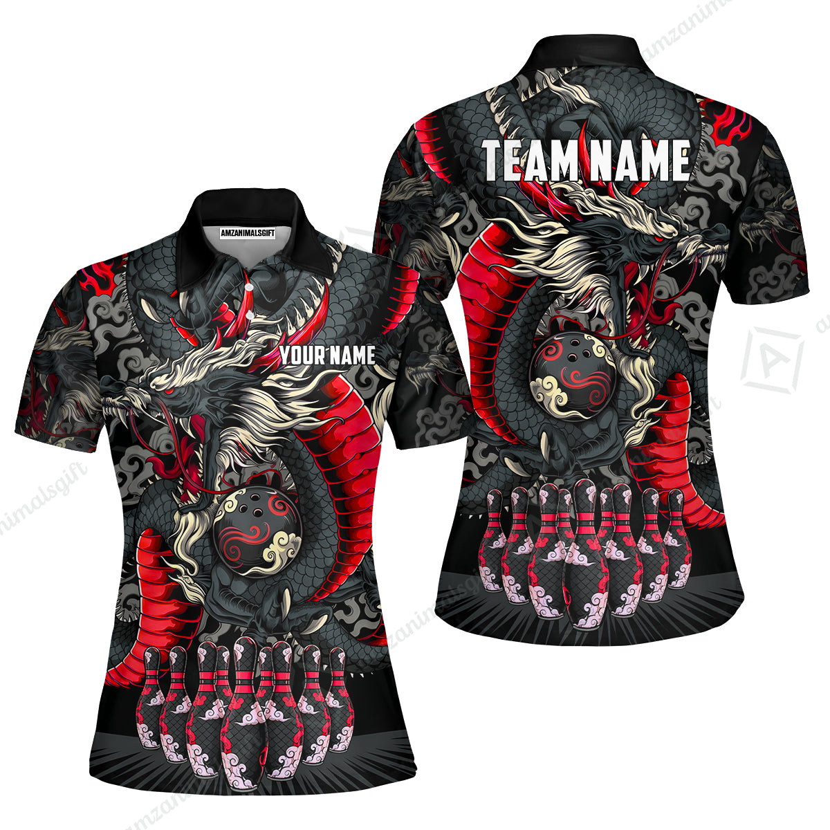 Custom Bowling Jersey Polo Shirt, Oriental Jade Dragon & Classic Clouds, Custom Bowling Jersey Team Shirt For Players With Name & Team Name