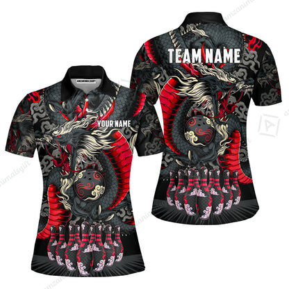 Custom Bowling Jersey Polo Shirt, Oriental Jade Dragon & Classic Clouds, Custom Bowling Jersey Team Shirt For Players With Name & Team Name
