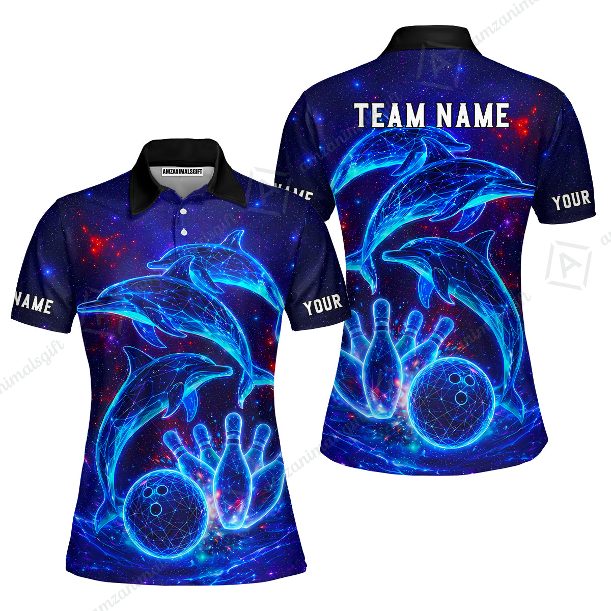Customized Bowling Shirt, Cosmic Dolphin, Personalized Polo Shirt For Players With Name & Team Name