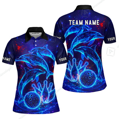 Customized Bowling Shirt, Cosmic Dolphin, Personalized Polo Shirt For Players With Name & Team Name