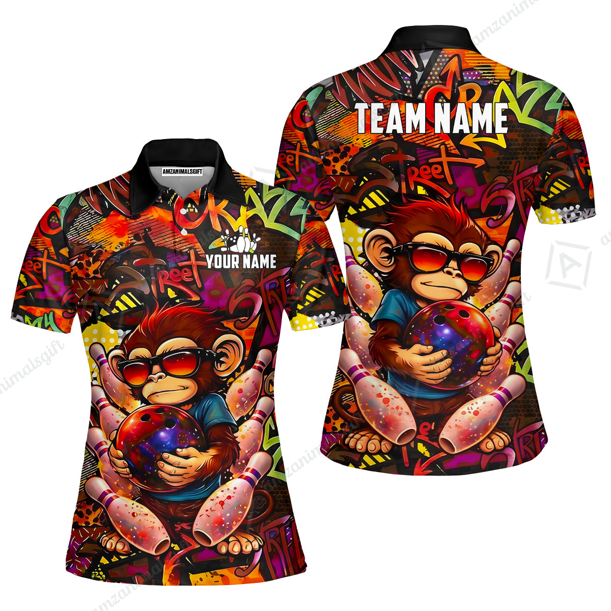 Custom Bowling Jersey Polo Shirt, Street Graffiti Funny Monkey Mascot, Custom Bowling Jersey Team Shirt For Players With Name & Team Name
