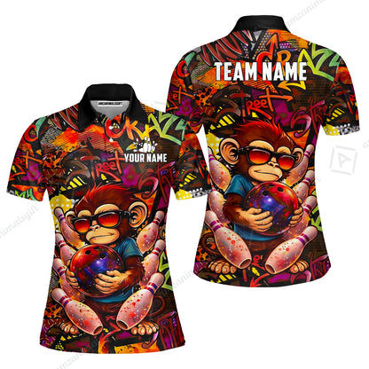 Custom Bowling Jersey Polo Shirt, Street Graffiti Funny Monkey Mascot, Custom Bowling Jersey Team Shirt For Players With Name & Team Name