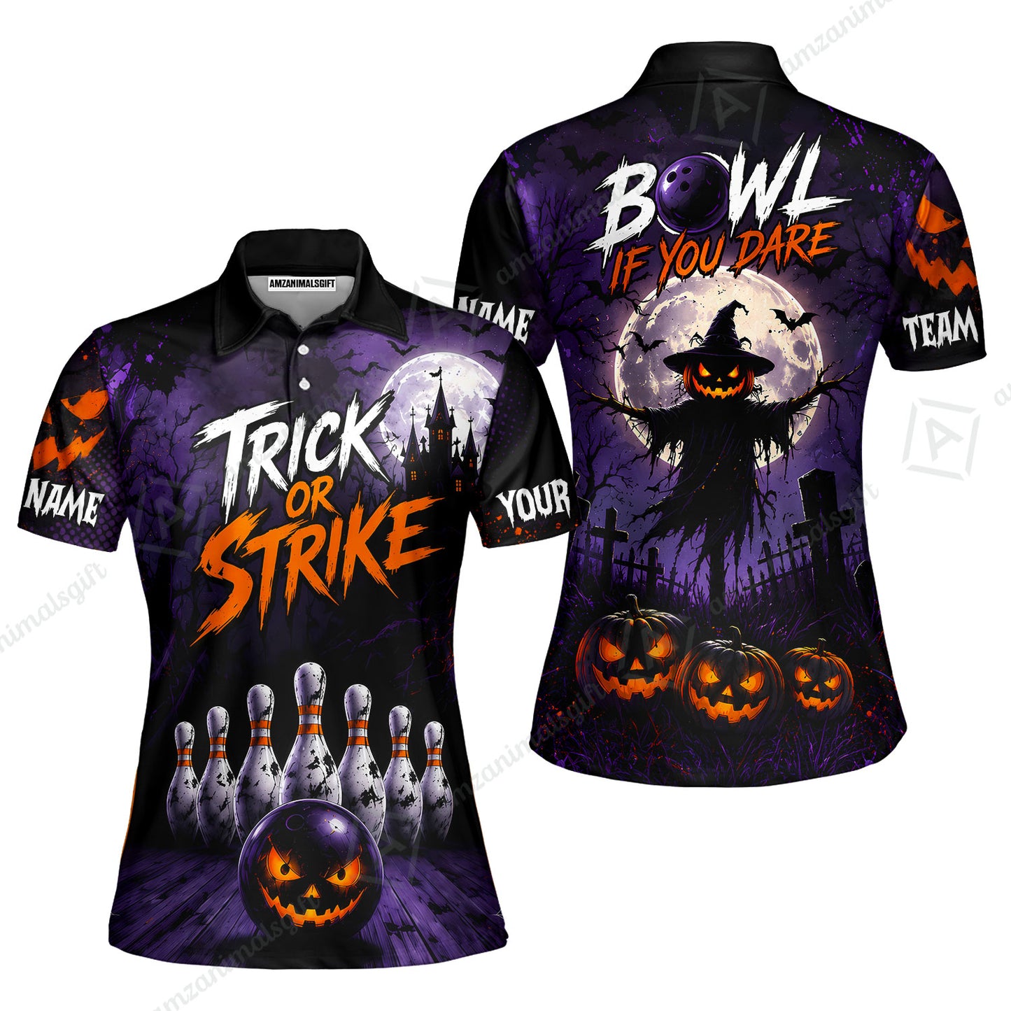 Customized Bowling Shirt, Bowl If You Dare Trick Or Strike, Personalized Polo Shirt For Players With Name & Team Name