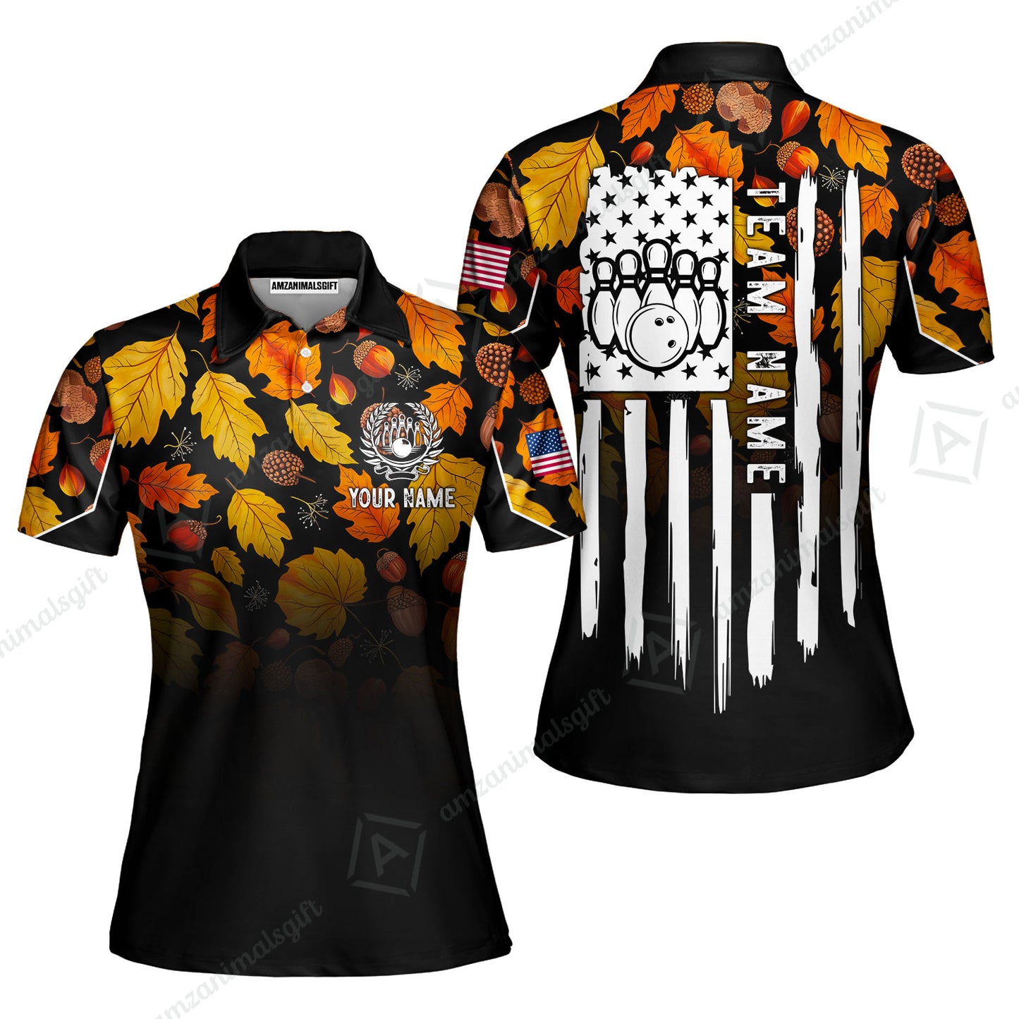 Custom Bowling Jersey Polo Shirt, Autumn Leaves Patriotic Vertical Flag, Custom Bowling Jersey Team Shirt For Players With Name and Team Name