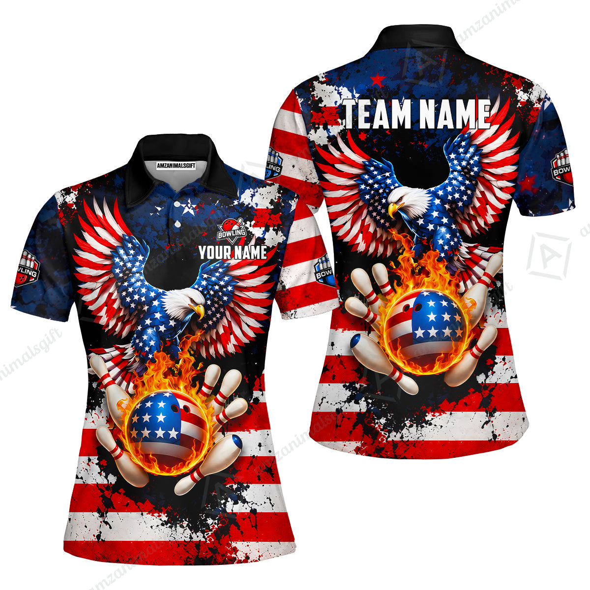 Customized USA Bald Eagle Fire Ball Bowling Jersey, Custom Name And Team Name For Bowlers
